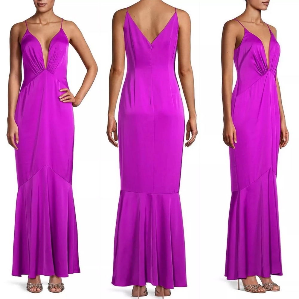 $295 NWT Liv Foster Deep V Stretch Satin Mermaid Gown Retail